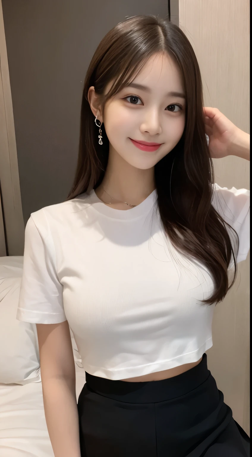 White tight shirt、White tight mini skirt、bed、smile、short sleeve、high resolution、Hallyu Idol Face
