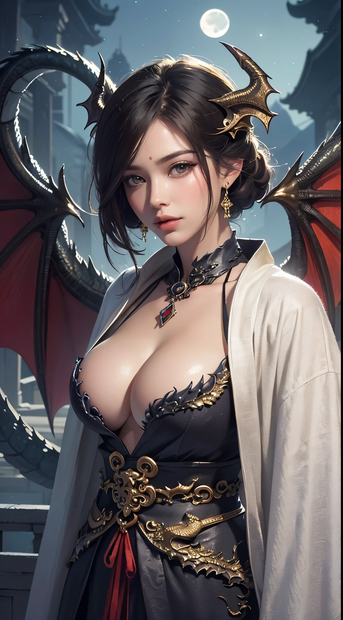 (UHD, retina, masterpiece, accurate, anatomically correct, textured skin, super detail, high details, high quality, best quality, high res, 1080P, HD, 4K, 8k, 16k), (beautiful detailed eyes, beautiful detailed lips, extremely detailed eyes and face), soft lighting, physically-based rendering, vivid colors, (large breasts:1.5), (portrait, shiny hair, shiny skin), eye reflection, (bokeh, temple, moonlight:1.5), (dragon robe, dragon corner, dragon wings, dragon tail:1.5), bob cut, hair over eyes,