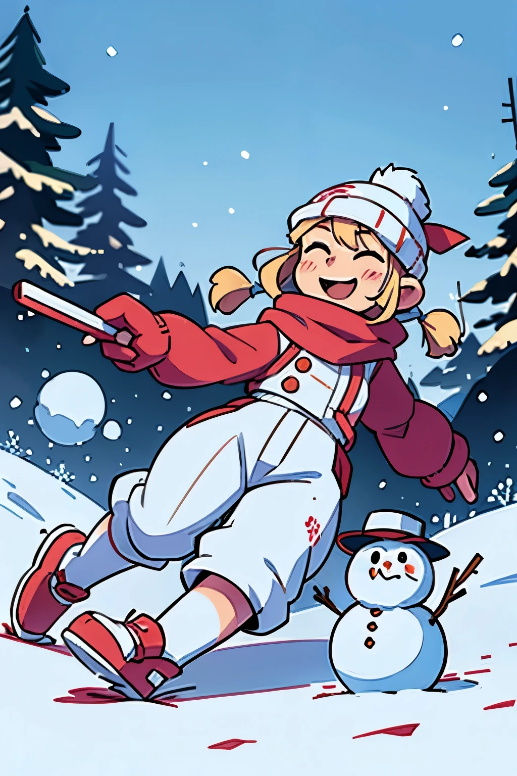 snow field、A snowman is skiing happily、It's snowing