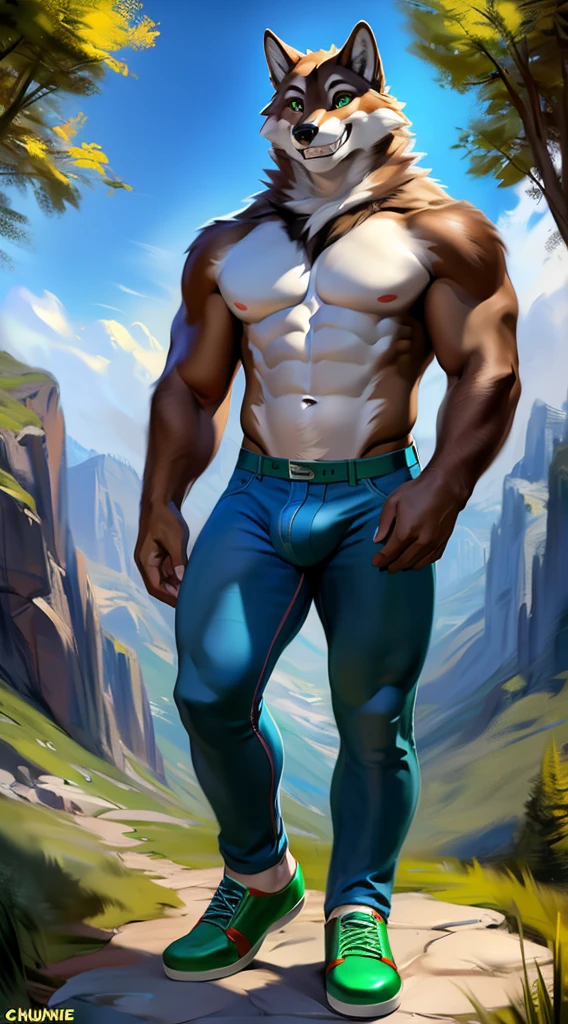 solo, wolf, male, buff muscular, brown wolf, hi res, soft shading, ( detailed fur 1.1 ), (toothy grin expression), ( solo 1.1) (detailed), (masterpiece: 1.2), ( full body head to toe show), topless, (no shirt), ( blue tight jeans), (detailed bulge), ( green shoes ), (shiny green dress shoes: 1.1) front view, looking at viewer, at forest mountain, by chunie