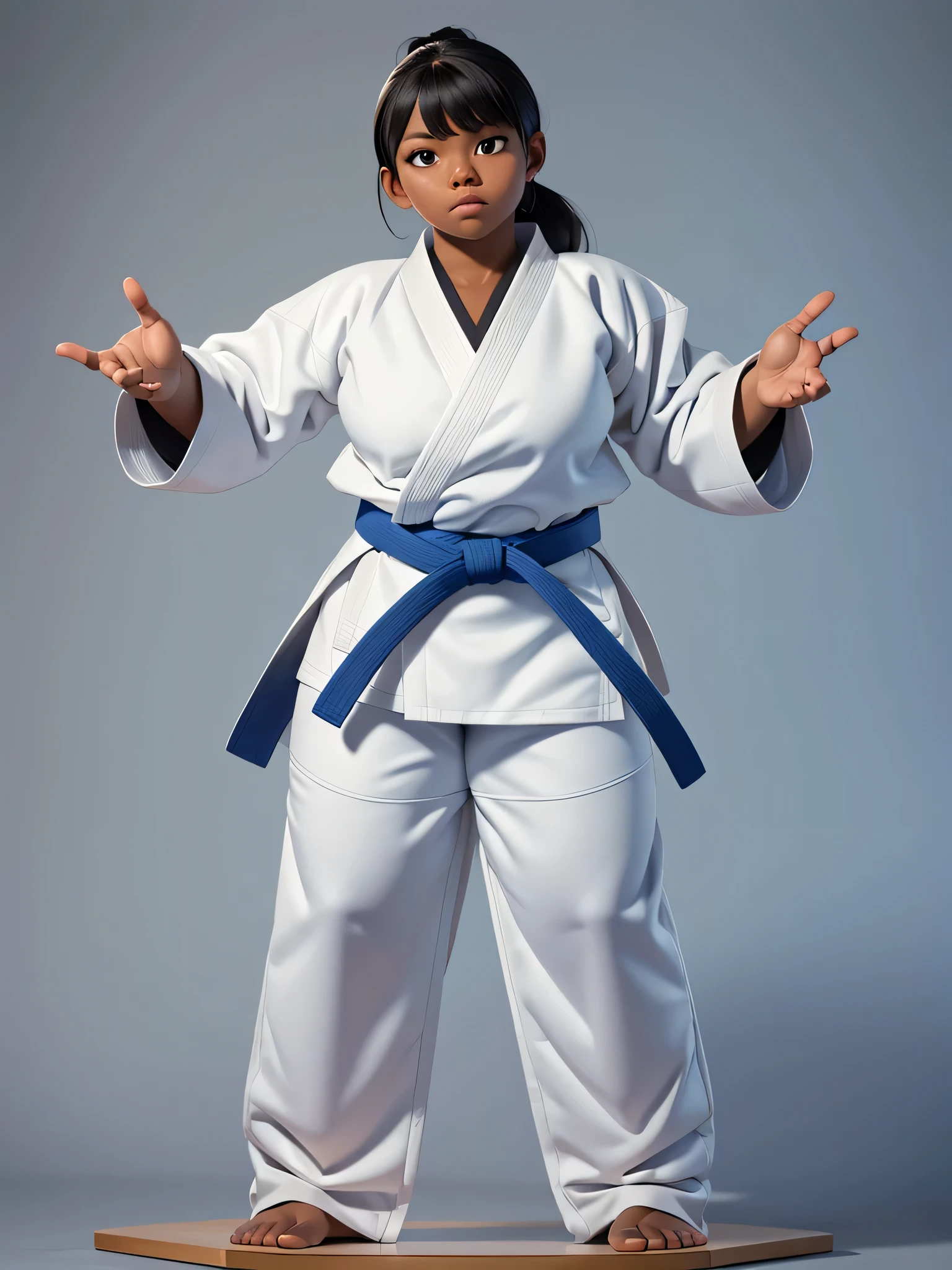 (8k, foto crua, qualidade de obra-prima: 1.2), uma garota negra, gordo, pele escura, in a judo pose, ((vestindo um judogi branco)) ((judogi branco com mangas compridas)), judo, judo pose, Artes marciais, children, ((faixa azul)) principiante, postura de luta, Artes marciais, classification, competition winner, postura de luta, pose de arte marcial, in a dojo (tiro de corpo inteiro: 1) posando para fotografia, postura firme (tiro de corpo inteiro: 1).