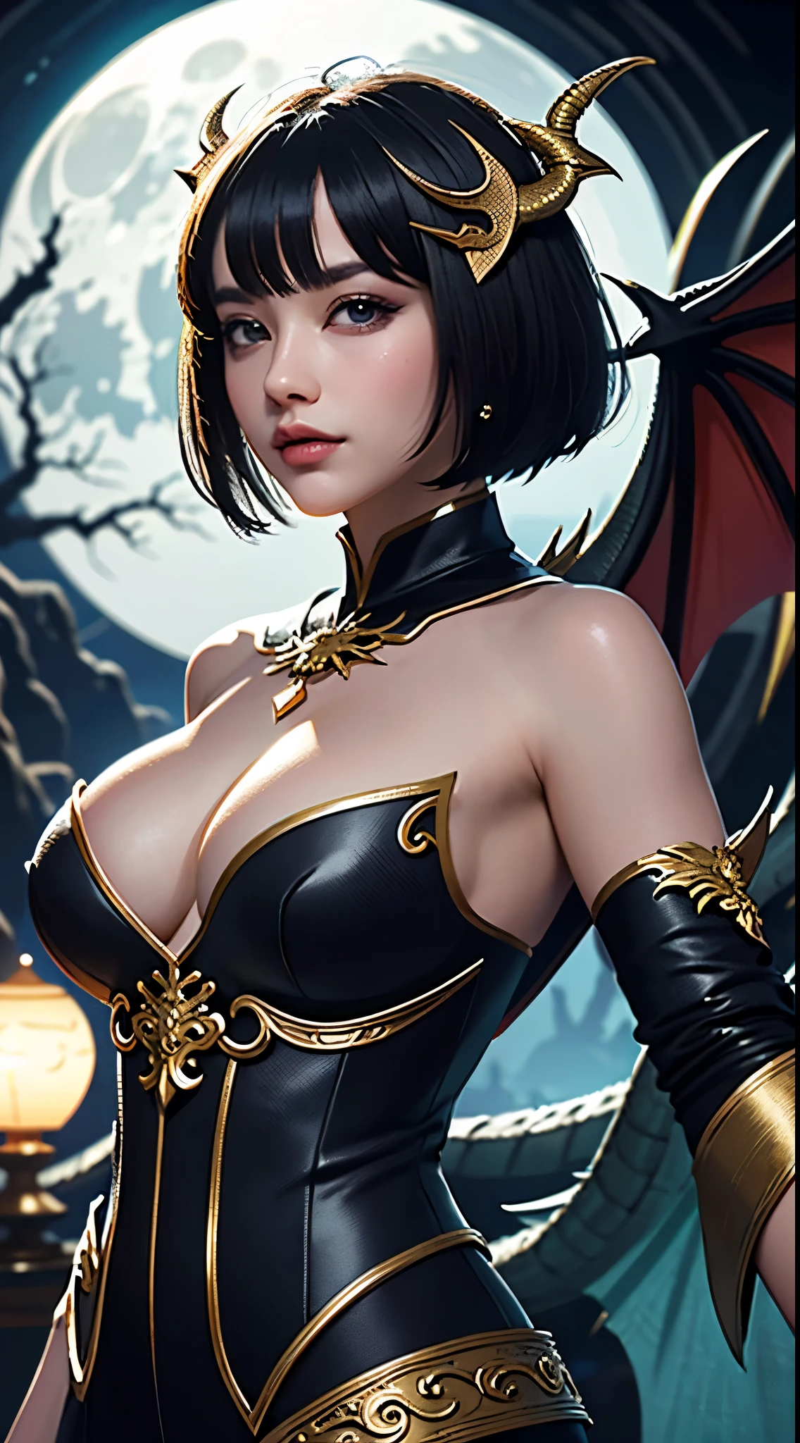 (UHD, retina, masterpiece, accurate, anatomically correct, textured skin, super detail, high details, high quality, best quality, high res, 1080P, HD, 4K, 8k, 16k), (beautiful detailed eyes, beautiful detailed lips, extremely detailed eyes and face), soft lighting, physically-based rendering, vivid colors, (large breasts:1.5), (portrait, shiny hair, shiny skin), eye reflection, (bokeh, temple, moonlight:1.5), (dragon robe, dragon corner, dragon wings, dragon tail, bangs, hair over eyes:1.5), bob cut,