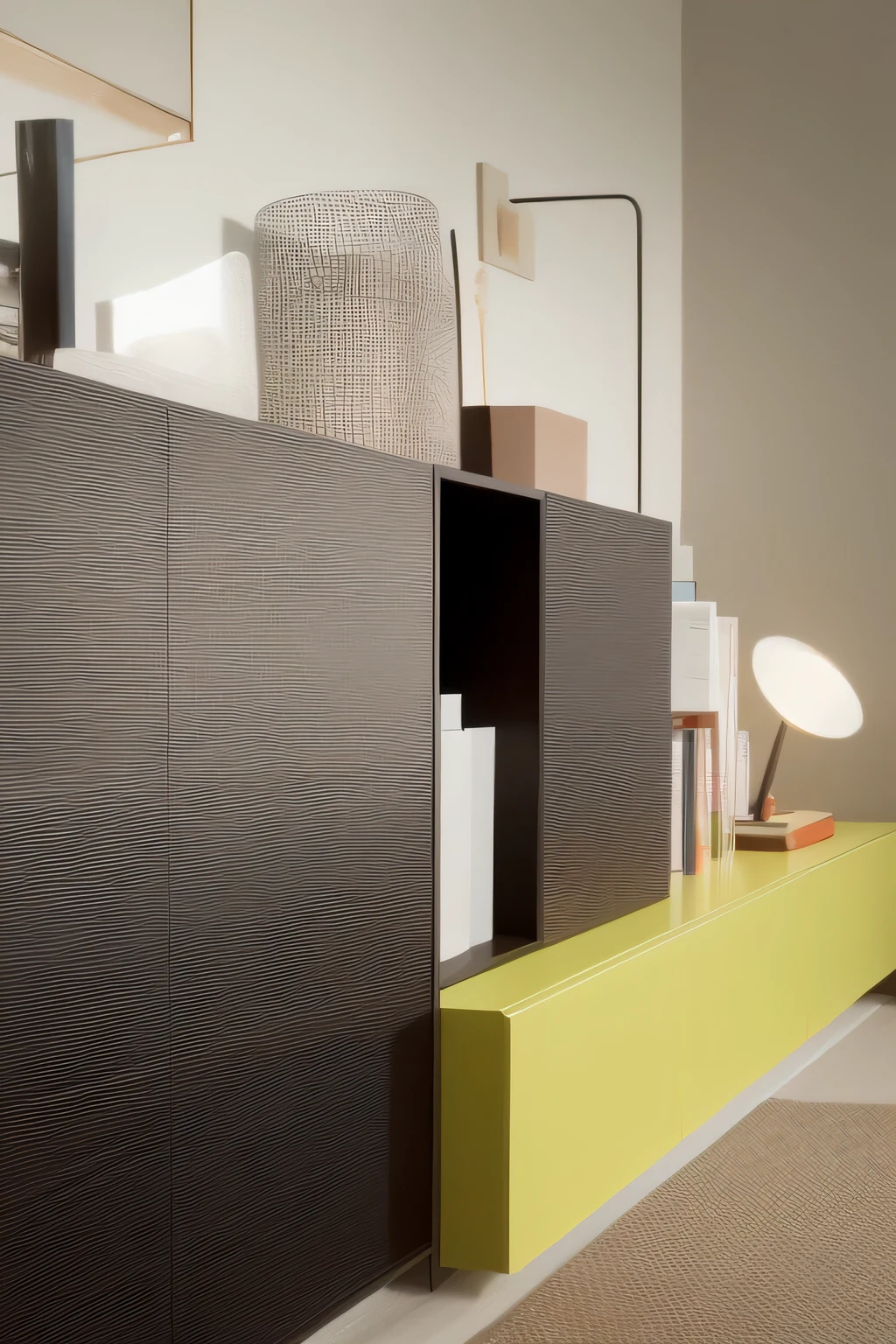 There is a shelf,There'sa lamp and mirror above, Black, yellow and red scheme, color, depth detail, grain”, graphic detail, minimally modern, middle close up composition, Delicate line details, award-winning details”, award-winning details”, dynamic and energetic, cupboard, Modular, unit, striking color, charcoal and leather, black and scheme