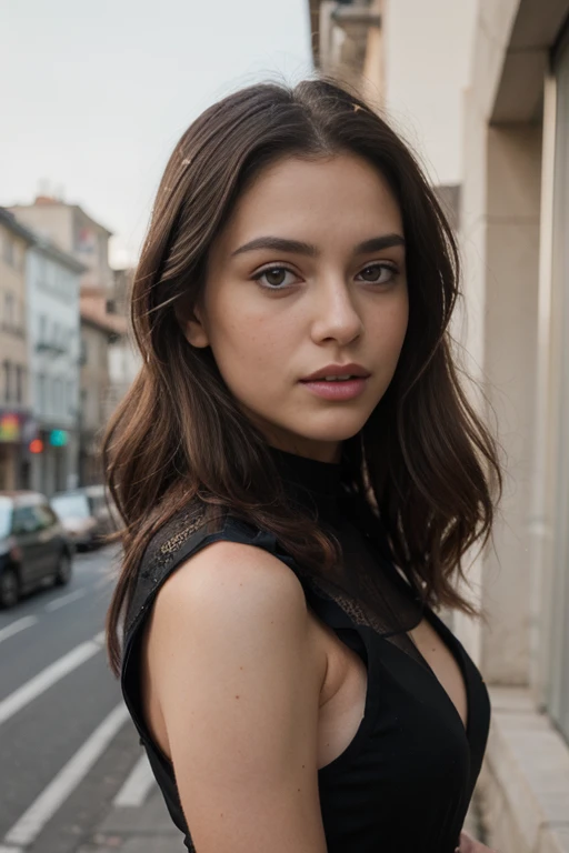 beautiful woman; brunette curly hair; Realistic portrait; photo-realistic; in front of the Eiffel Tower; night-time; hyper-above; dramatic lighting, detailed face, detailed nose, intricate background, realism,realistic,raw,analog,woman,realism; pale skin, medium size breasts