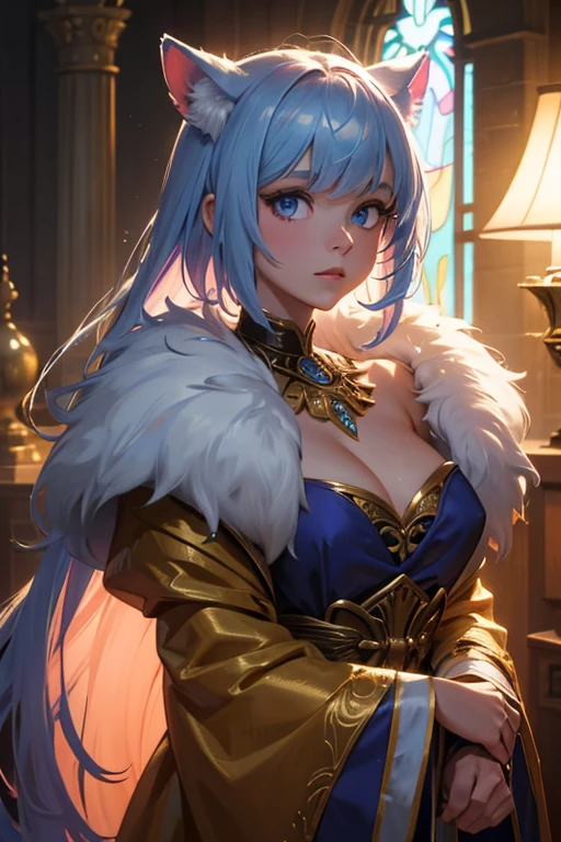 (fantasy sister, robe with gold decoration)(colorful stained glass, volumetric lighting backlighting good lighting, colorful refraction)depth of field(highly detailed beautiful face and eyes)perfect anatomy(furry beastman)(fur covered body animal facial features animal body features)(animal muzzle highly detailed fur)