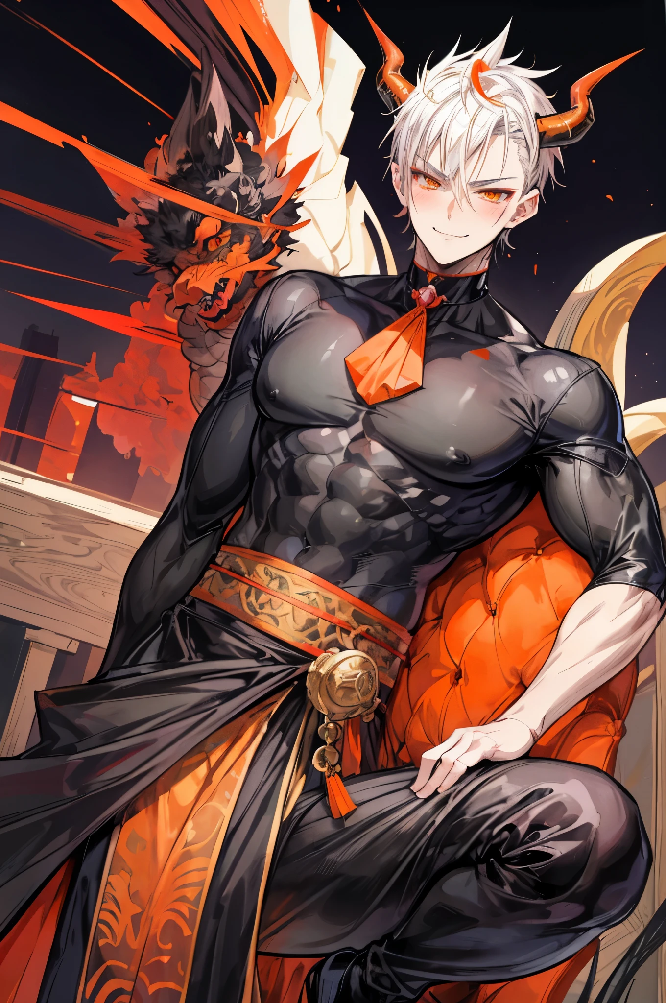 (flat color:1.1),(masterpiece:1.2), best quality, masterpiece, original,short black spiked hair, orange eyes and accents, (mature handsome anime man looking at the camera with a smile and blush:1.2), eastern dragon horns, scaly neck