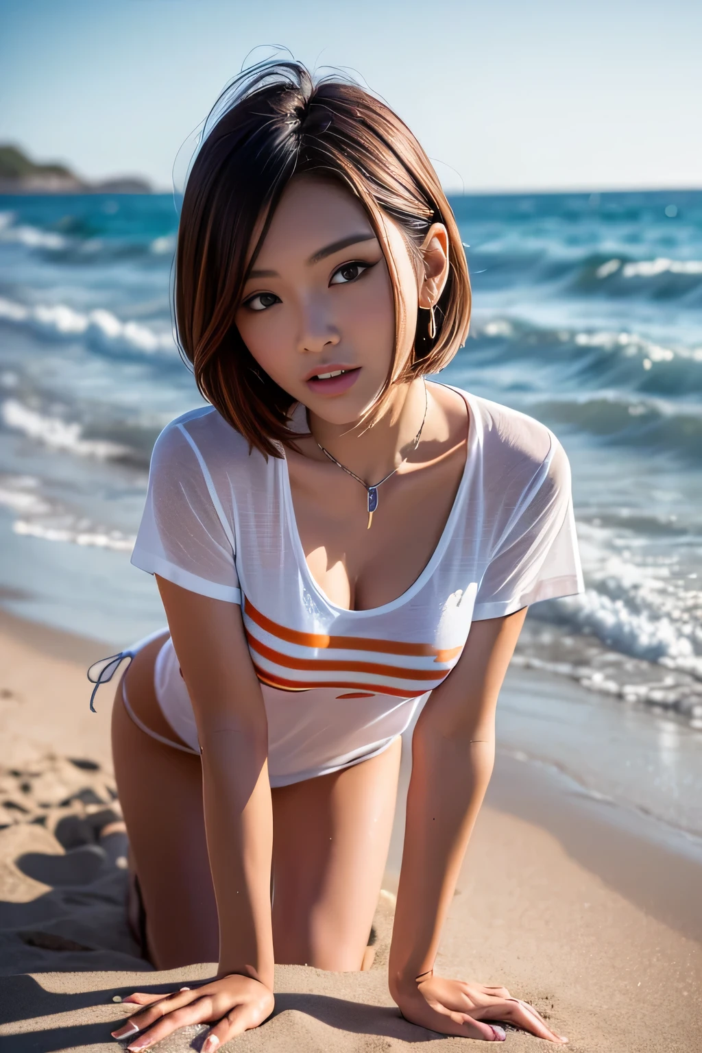 (outdoor seaside:1.3)(Crouching on the shore of a sandy beach:1.3),(crawl on all fours:1.7),(Seawater washing over a woman:1.7),(sunset over the ocean),(Oversized V-neck T-shirt with open neck:1.7),(loose t-shirt),(baggy shirt:1.3),(sexy white bikini pants:1.3),(Space between T-shirt and small breasts:1.3),(very small breastsの谷間のちらつき:1.3),(very small breastsチラ:1.7),(very small breastsチラ見せ:1.3)(smile full of happiness:1.3),(((emphasize small breasts:1.3))),(dynamic angle),(((Dynamic and sexy forward leaning posture:1.7))),(((wet and shiny skin))),very small breasts,Disturbance of clothing due to movement,chest slip,one girl,hairpin,necklace,earrings,look up from below,pointy red mouth,cheeks turn red,he looks shyly at the viewer,(Shiny silver and orange striped short hair),looking at the camera,(professional lighting),(8K,muste piece,highest quality,Ultra high resolution output image,),Depth of the bounds written,beautiful hands,beautiful fingers,Detailed finger features,detailed hair features,detailed facial features,Detailed clothing features,wet hair,wet body,wet costume,
