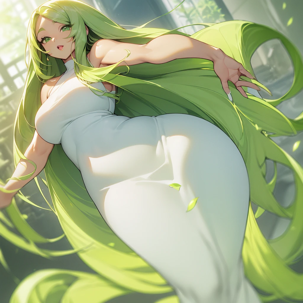 (((Light Skin Woman))),(((Light green, long hair without bangs))),(((voluminous and curvy body))),(((Lime green eyes))),(((Alone))),(((Wearing a soft white dress)))