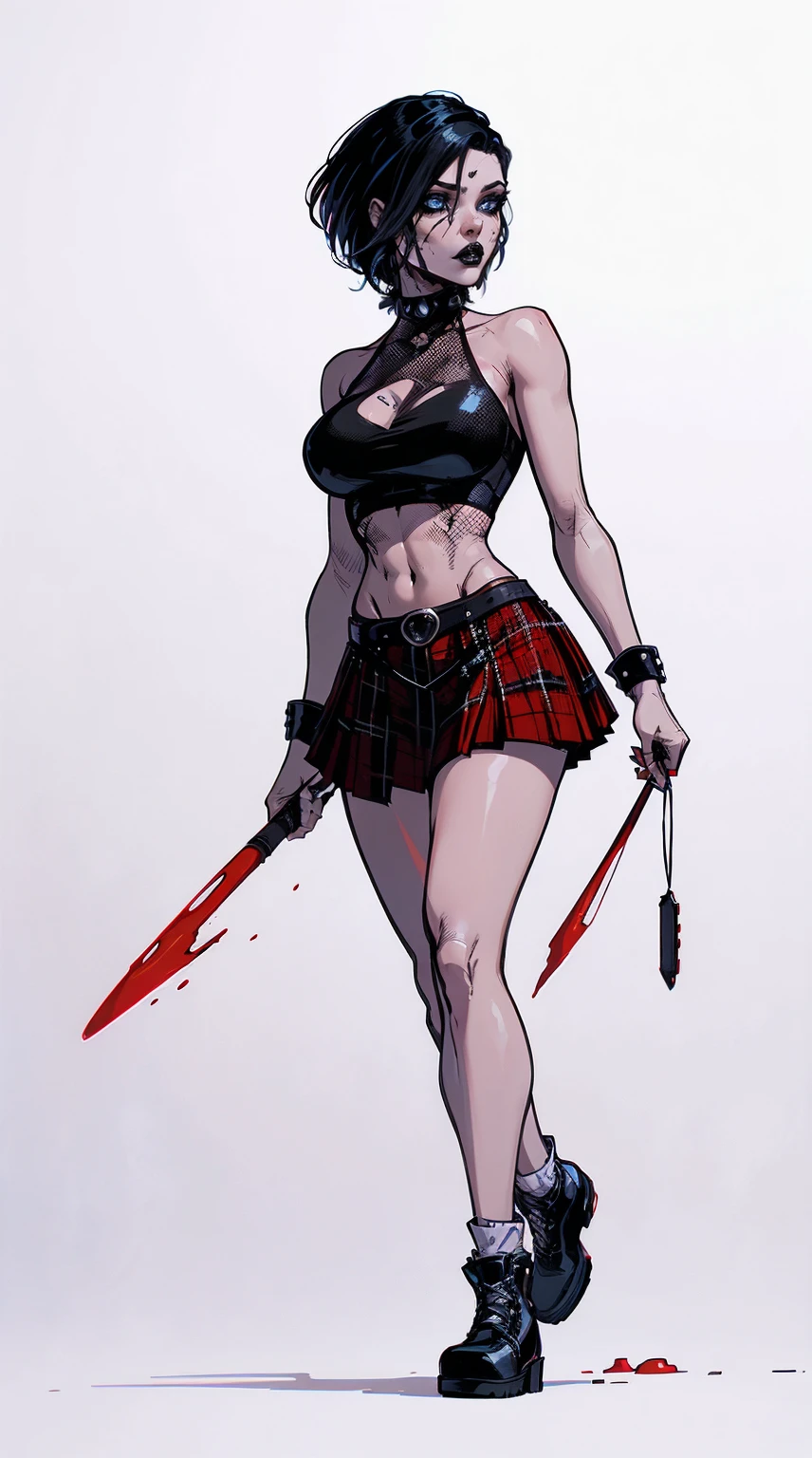 a woman with short black hair, hair on shoulders,  wearing a black cropped  and plaid skirt, blue eyes, zombie art, gothic art, cute aesthetic with vibe, toon aesthetic, wearing red costume, wearing gothic accessories, look like Cassie Hack, whole body, walking on the skrulls, white background