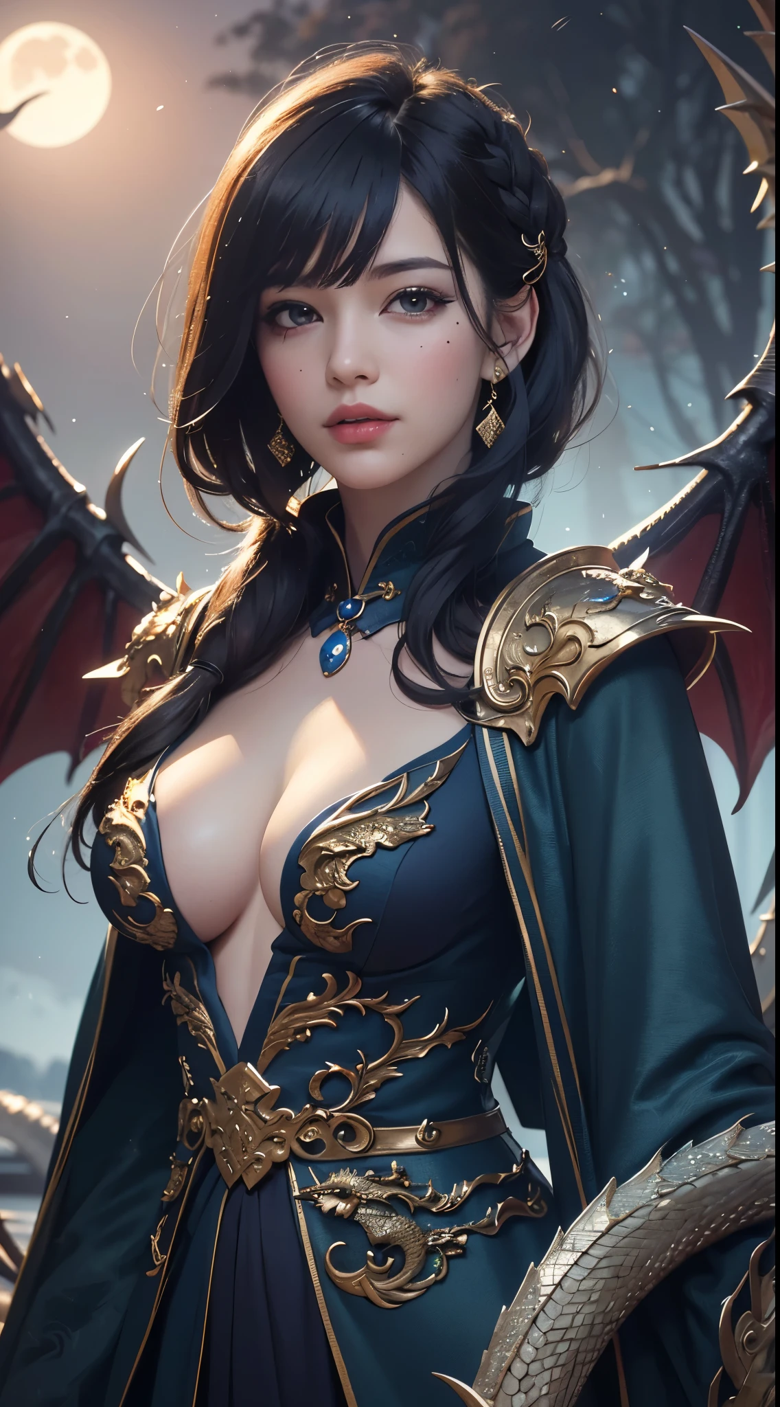 (UHD, retina, masterpiece, accurate, anatomically correct, textured skin, super detail, high details, high quality, best quality, high res, 1080P, HD, 4K, 8k, 16k), (beautiful detailed eyes, beautiful detailed lips, extremely detailed eyes and face), soft lighting, physically-based rendering, vivid colors, (large :1.5), (portrait, shiny hair, shiny skin), eye reflection, (bokeh, temple, moonlight:1.5), (dragon robe, dragon corner, dragon wings, dragon tail, asymmetrical bangs, hair over eyes:1.5), bob cut,