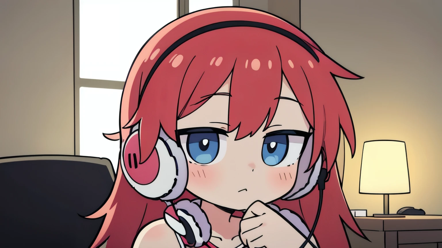 there is a woman sitting on the chair with headphones on her head listening to music, photo taken in the bedroom, digital anime illustration, portrait of Lofi , 4k anime style, girl wearing headphones on her head , Praise Artstyle, with headphones on her head, anime style. 8k, wearing headphones on head, anime illustration style, lofi girl, listening to music, headphones on head, high quality portrait, realistic art style, fanart girl, anime portrait style, cozy room, redhead