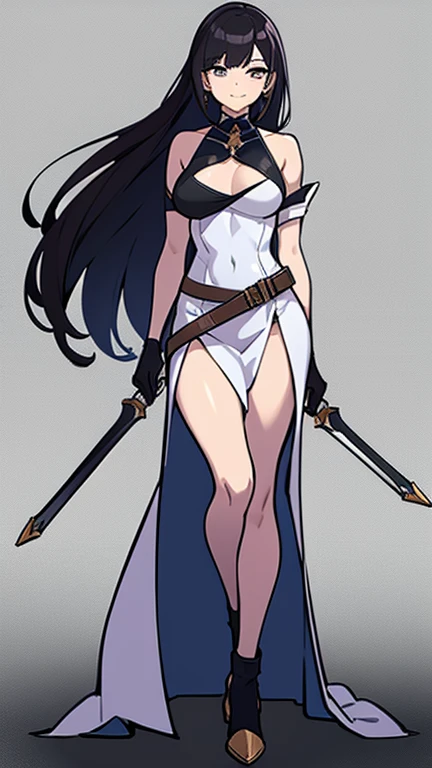 (((Best Quality))) , ((full body)), female, reference sheet, solo, (white background), holding weapon, gloves, slit trench skirt, belt, bare waist, standing, casual dress, bikini, side slit skirt, gloves, blue, orange, green, violet, brown, white, 