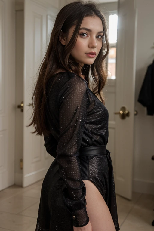 ((best quality)), ((masterpiece)), (detailed), perfect face realistic photo of beautiful woman with long dark brown hair, Russian, influencer, light freckles, dark brown eyes, big lips, no makeup, instagram, wearing a black dress, tumblr, renaissance, fishnet clothes, glitter dress, close up front view, revealing stylish dress, h 768, silk dress, light half opened dress, gif, shimmer detailed, mesh, morning detail, bottom - view, black outfit