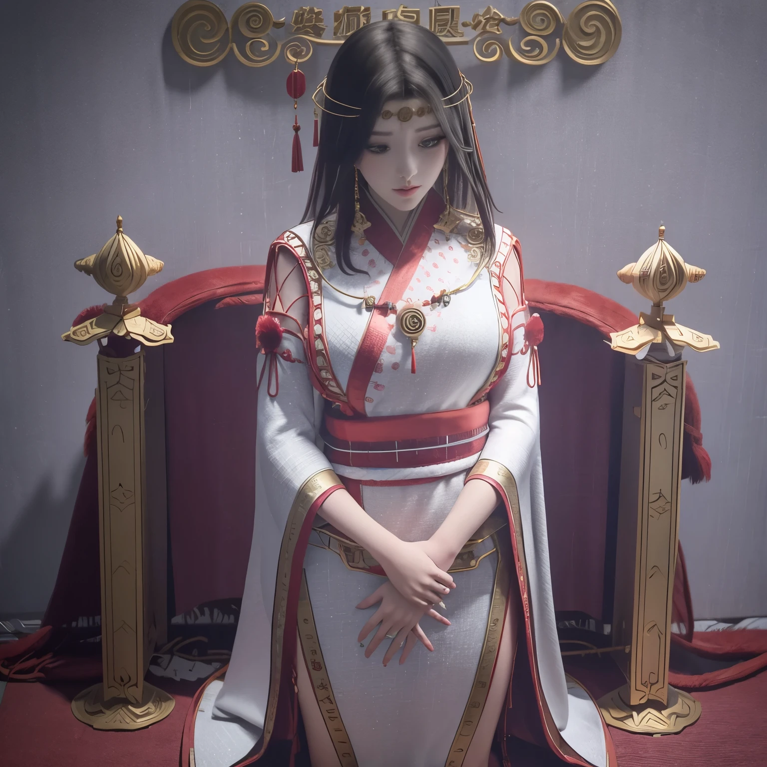 huge Tits, wearing cheongsam, at Altar, full body