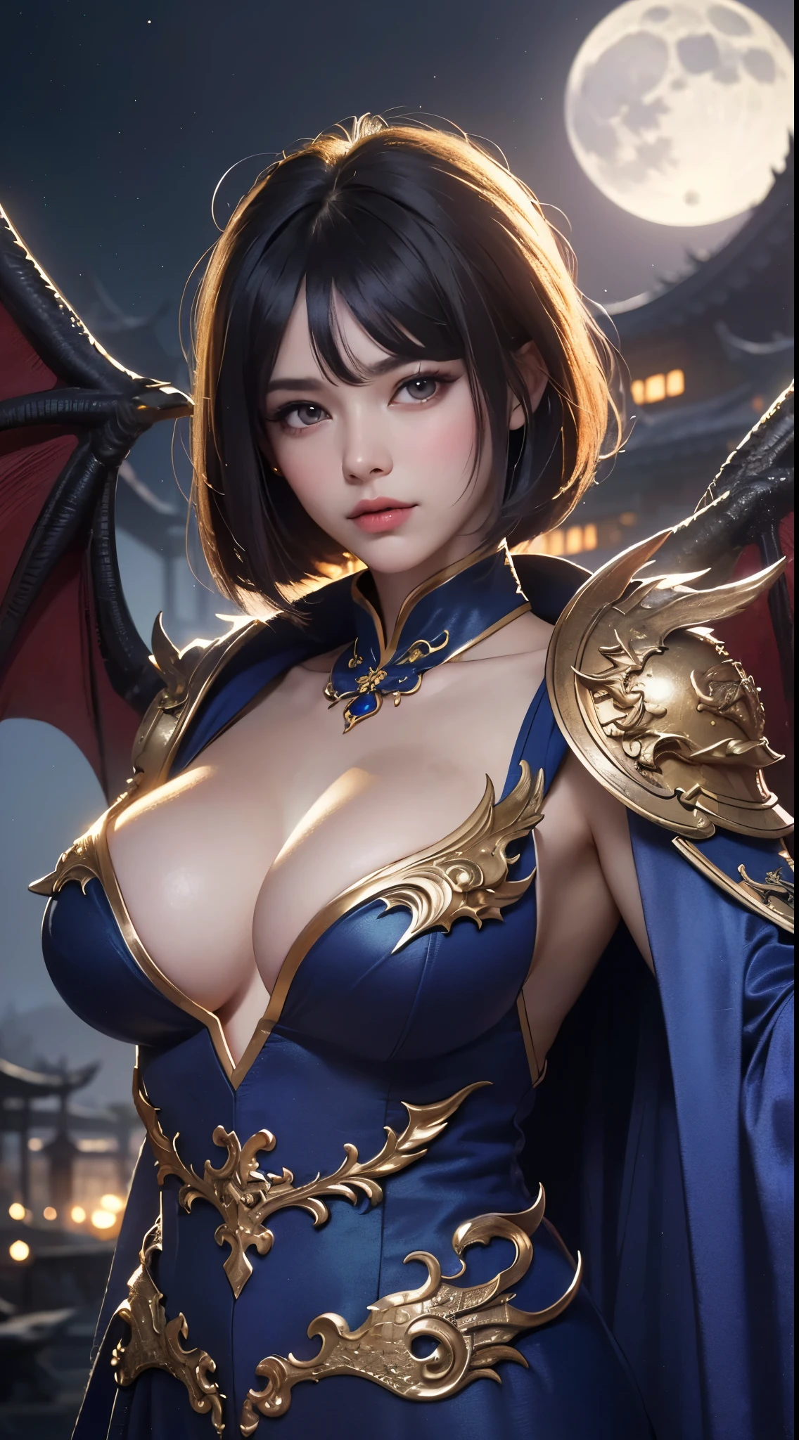 (UHD, retina, masterpiece, accurate, anatomically correct, textured skin, super detail, high details, high quality, best quality, high res, 1080P, HD, 4K, 8k, 16k), (beautiful detailed eyes, beautiful detailed lips, extremely detailed eyes and face), soft lighting, physically-based rendering, vivid colors, (large breasts:1.5), (portrait, shiny hair, shiny skin), eye reflection, (bokeh, temple, moonlight:1.5), (dragon robe, dragon corner, dragon wings, dragon tail, swept bangs, hair over eyes:1.5), bob cut,