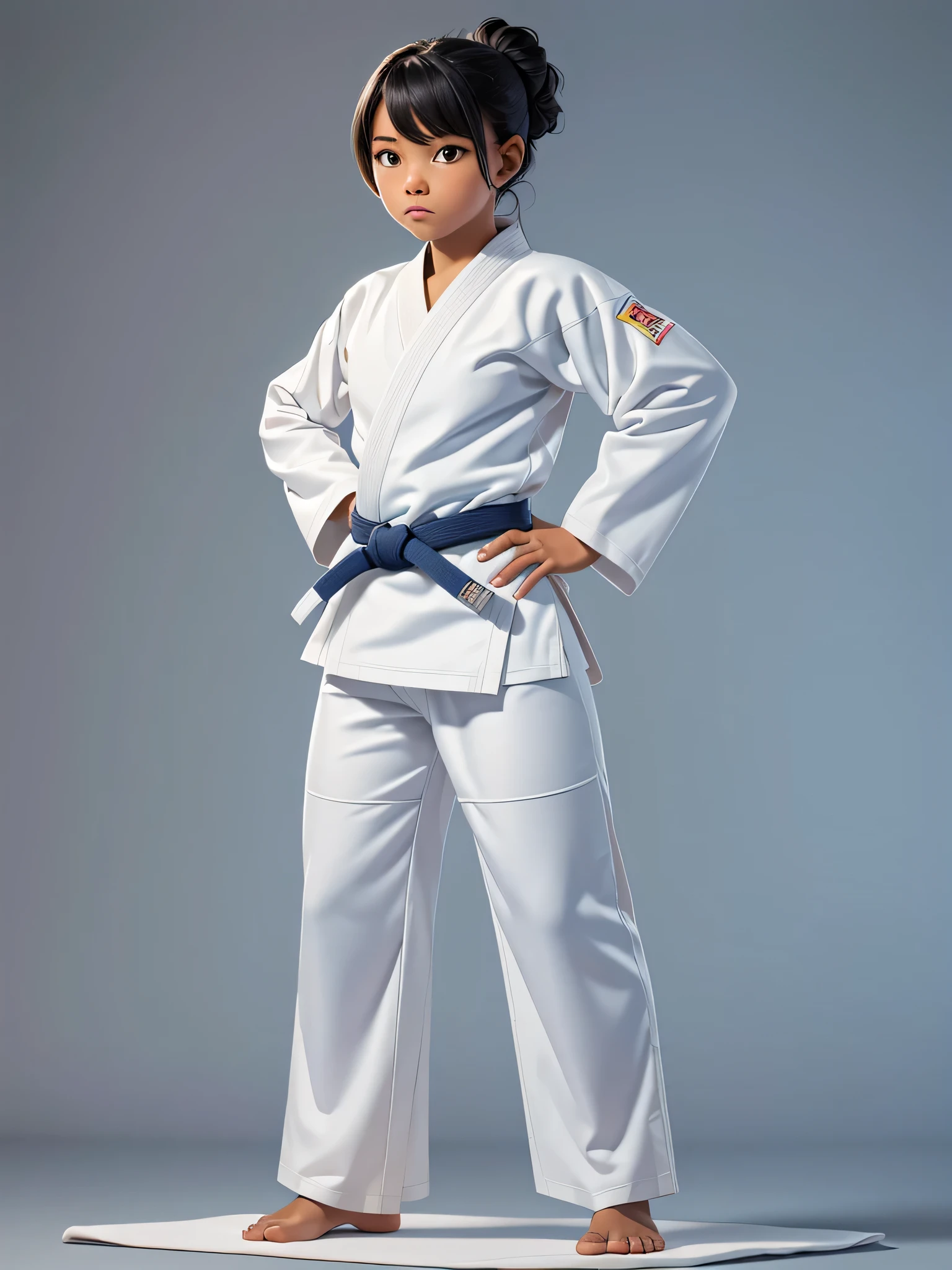 (8k, Foto CRU, qualidade de obra-prima: 1.2), three black girls, pele negra, in a judo pose, ((vestindo um judogi branco)) ((judogi branco com mangas compridas)), judo, judo pose, Artes marciais, children, ((faixa azul)) principiante, postura de luta, Artes marciais, classification, competition winner, postura de luta, pose de arte marcial, in a dojo (tiro de corpo inteiro: 1) posando para fotografia, postura firme (tiro de corpo inteiro: 1).