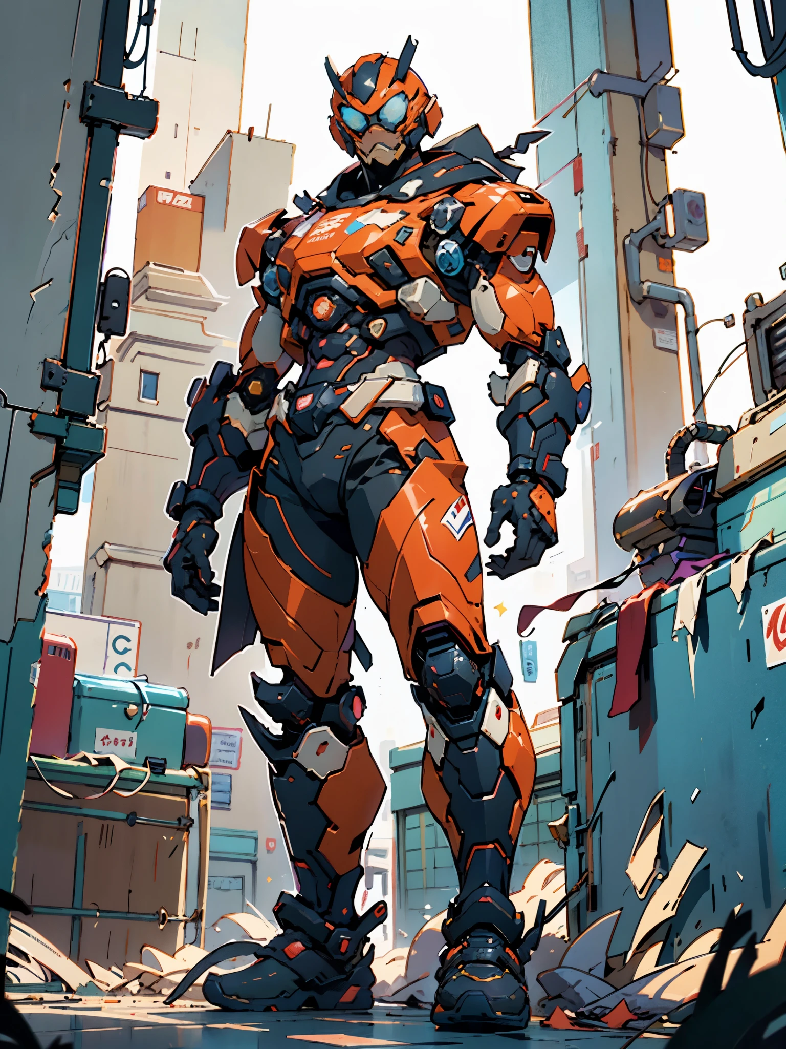 A super a high-tech biotech battle suit, standing on a rooftop, looking over the city, Japanese tokusatsu and American comic style, biometallic texture of the suit, sleek and shiny, dynamic, fast, natural light, cinematic, high quality, high resolution, high detail, sophisticated design, dramatic, high definition, ultra-detailed, ultra-fine painting, extremely delicate, creativity, Natural light, cinematic lighting, best shadow, masterpiece-anatomy-perfect