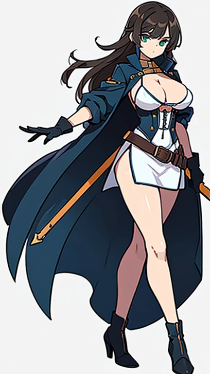 (((Best Quality))) , ((full body)), female, reference sheet, solo, (white background), holding weapon, gloves, trench skirt, belt, bare waist, standing, casual dress, bikini, side slit skirt, gloves, blue, orange, green, violet, brown, white, 