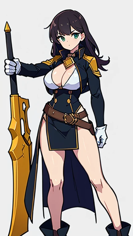 (((Best Quality))) , ((full body)), female, reference sheet, solo, (white background), holding weapon, gloves, trench skirt, belt, bare waist, standing, casual dress, bikini, side slit skirt, gloves, blue, orange, green, violet, brown, white, 