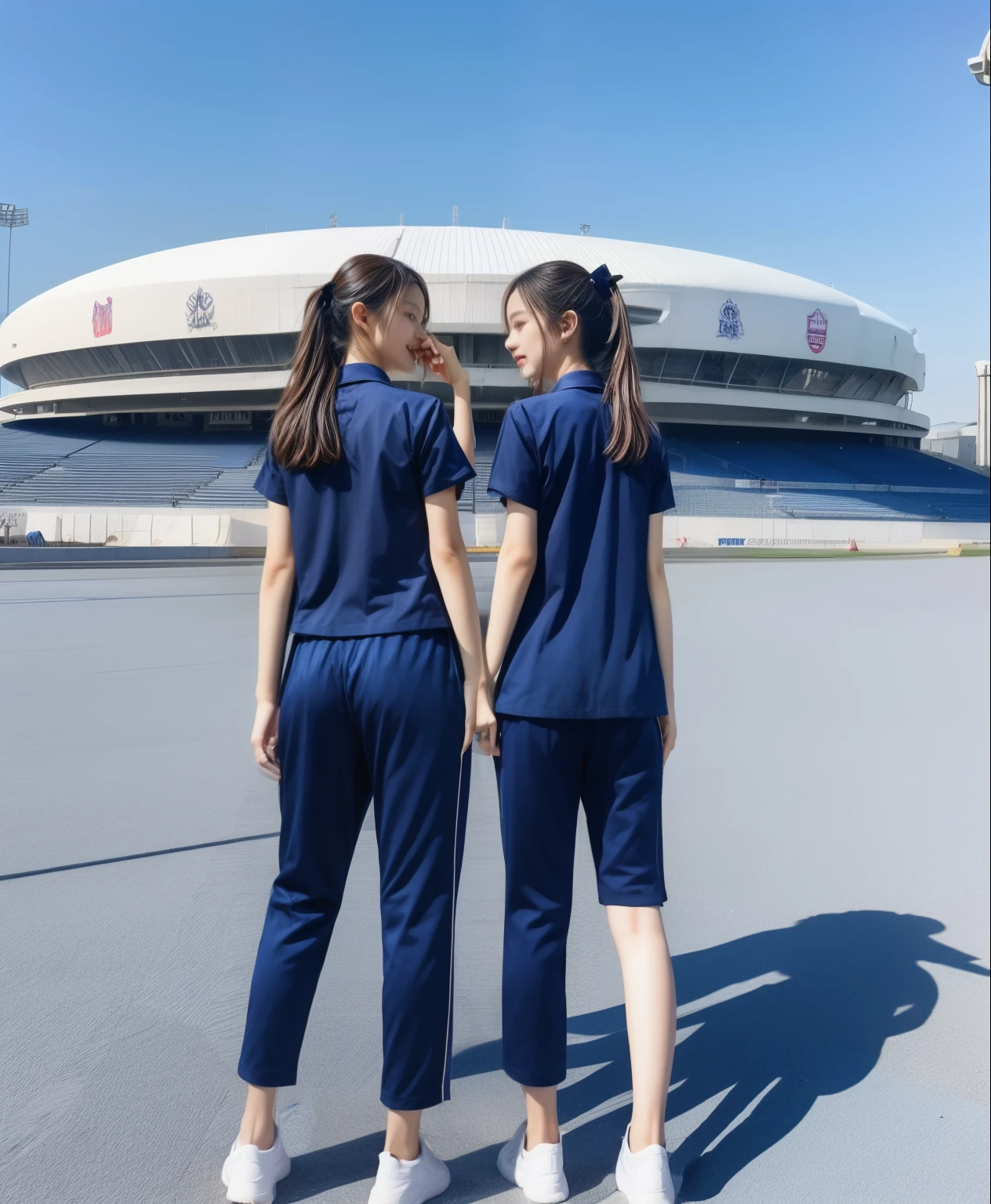 (best quality,10,10,height,Masterpiece:1.2),Special details,(realistic,ภาพrealistic,Realistic photos:1.37),1 cute girl on the football field,shiny skin,only,smile softly,BDclothelue shirt:1.3)),short sleeve,shirt, trousers.,(navy_long_ติดตามtrousers:1.1), ((stadium background:1.3)),Dynamic angle,excited,Face focus,dynamic poses,from behind,focus ass,Masterpiece, best quality, ultra realistic, hyper detail, 8k resolution, raw photos, Sharp focus, ((Navy blue shirt:1.1)), short sleeve, เส้นทางlong, perfect bodyแบบ, 2 mature women, 18 yo, Cinema-grade lighting,trousersวอร์มสีน้ําเงิน,gym wear,correct anatomy,perfect body, correct body, sharp face, correct bodyทางกายวิภาค, full body, realistic gestures, long-haired, realistic poses,Wear long shorts..............................,ช่วงขาlong,fit,sculpted girl, Slender figure, mannequin, fit, beautiful body,trousersวอร์มสีน้ําเงิน, two girls kissing