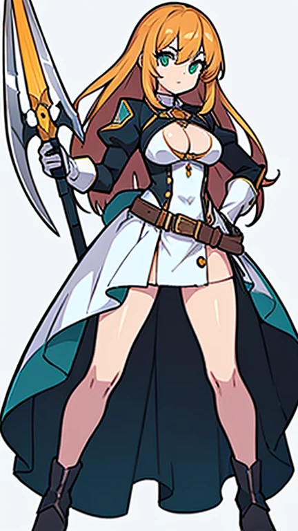 (((Best Quality))) , ((full body)), female, reference sheet, solo, (white background), holding weapon, gloves, trench skirt, belt, standing, casual dress, bikini, side slit skirt, gloves, blue, orange, green, violet, brown, white,
