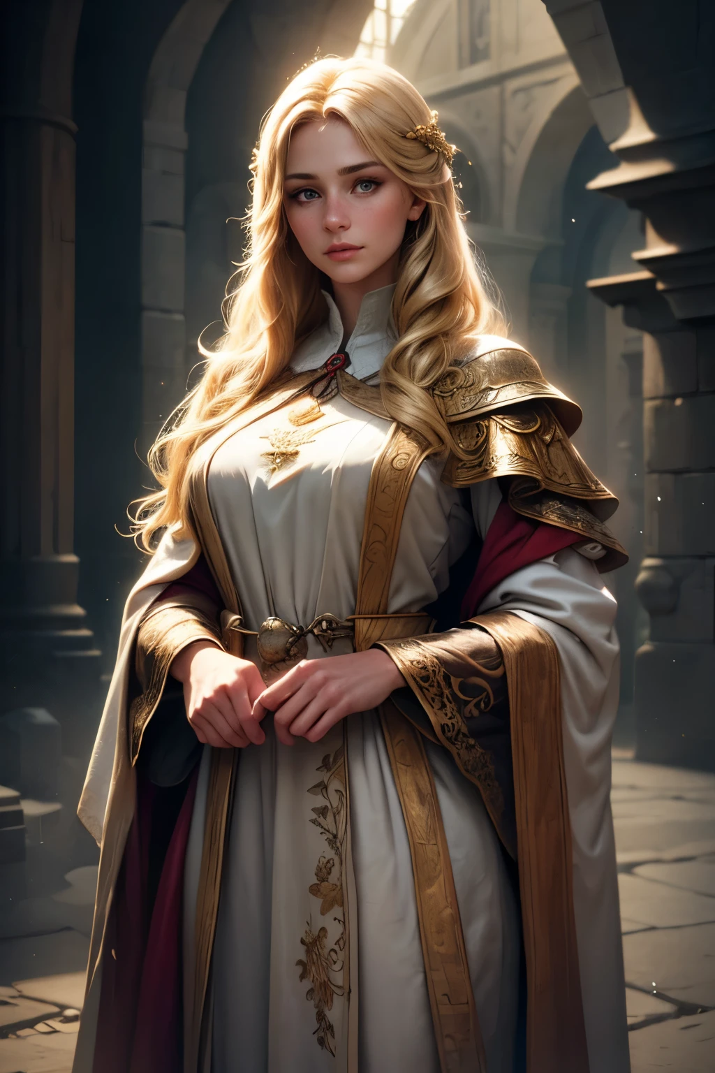 (best quality,4k,highres,masterpiece:1.2),ultra-detailed,(realistic,photorealistic,photo-realistic:1.37),portrait,beautiful detailed eyes,beautiful detailed lips,extremely detailed eyes and face,blonde girl with long hair,dressed as a medieval priestess,standing in full height,soft lighting,freckles,flowing gown,delicate embroidery,mysterious background,ethereal atmosphere,vivid colors