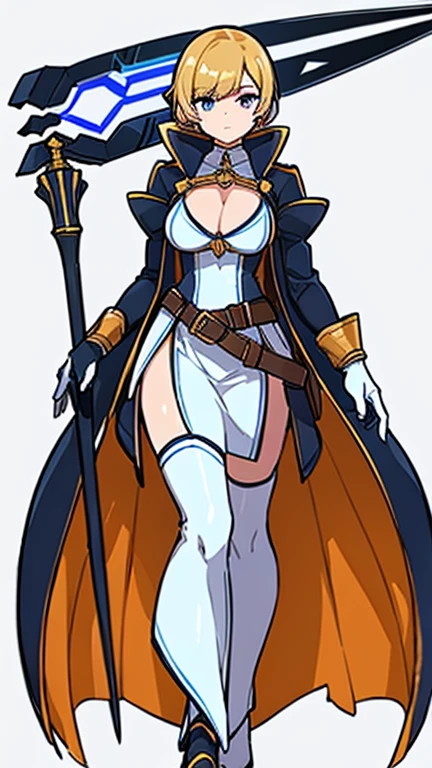 (((Best Quality))) , ((full body)), female, reference sheet, solo, (white background), holding weapon, gloves, trench skirt, belt, standing, dress, bikini, side slit skirt, gloves, blue, orange, green, violet, brown, white,