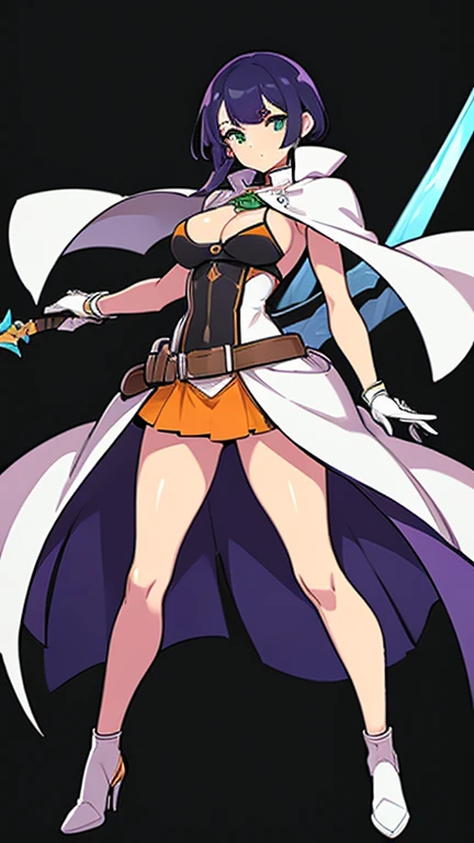 (((Best Quality))) , ((full body)), female, reference sheet, solo, (white background), holding weapon, gloves, trench skirt, belt, standing, dress, bikini, side slit skirt, gloves, blue, orange, green, violet, brown, white,