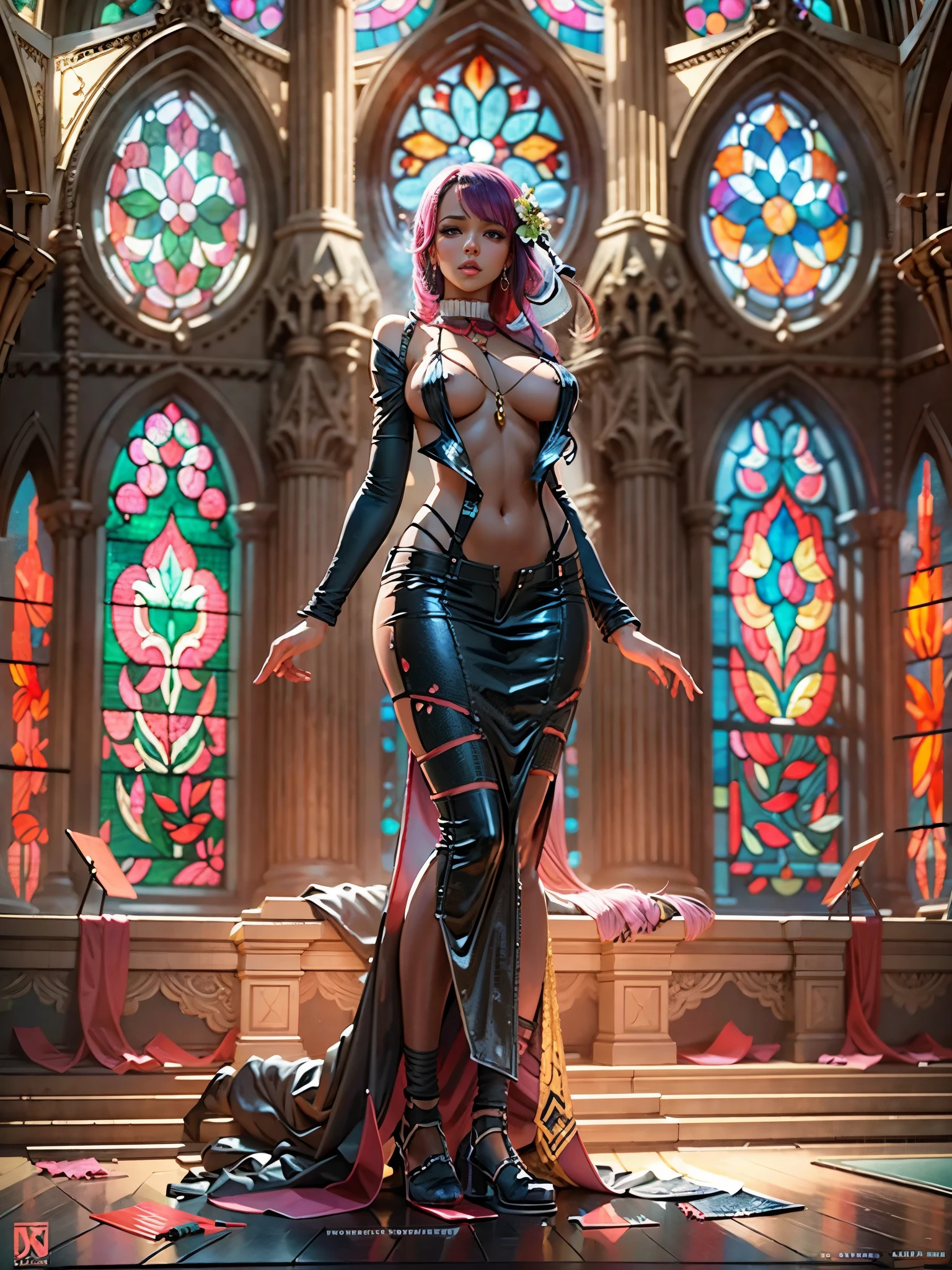 young beautiful woman, big firm breasts, perfect proportions, she stands in a cathedral with large stained glass windows, anime, sexy, erotic, UHD resolution, realistic detail, realistic reflections, realistic shadows, 3D, masterpiece, art