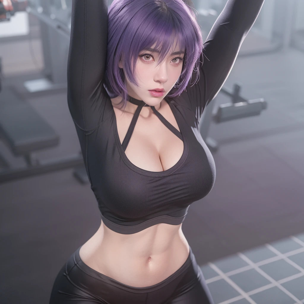 realistic girl with purple hair and black top workout in gym, seductive girl, thicc, motoko kusanagi, working out, ultra realistic, ghost in the shell style, detailed photography, 8k, realistic style, smooth cg art, (nsfw) not safe for work