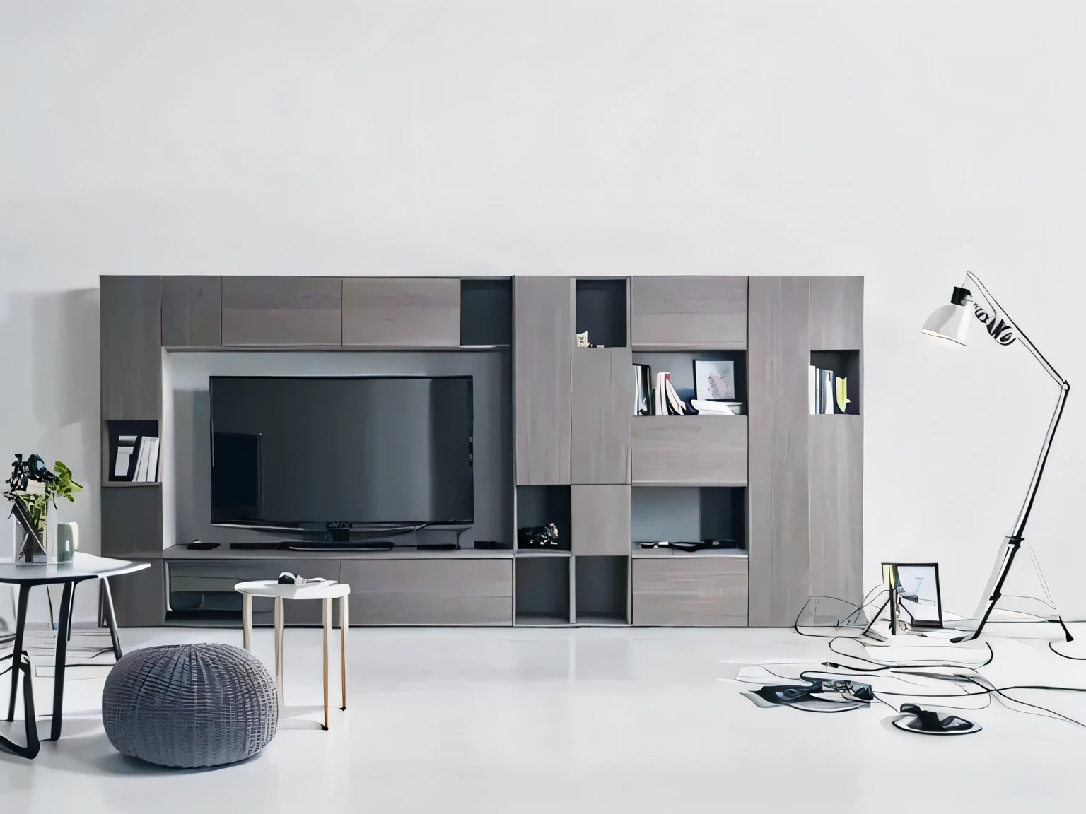 there is a large television in a modern living room with a grey entertainment center, minimally modern, minimalist design, Stylish utopian design, Modern and , designer furniture, futuristic design,  furniture, minimalist and beautiful, Amazing high technology, Modern and , 优雅的minimalist, furniture concept photo!!, stunning design, minimalist, modern look, television