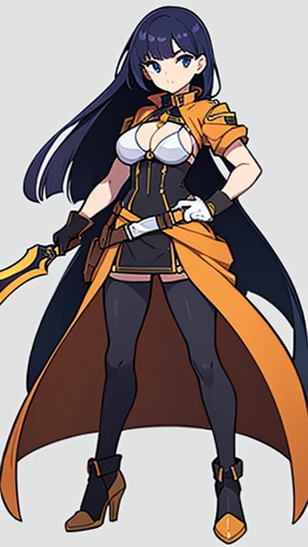 (((Best Quality))) , ((full body)), female, reference sheet, solo, (white background), holding weapon, gloves, trench skirt, belt, standing, bikini, side slit skirt, gloves, blue, orange, green, violet, brown, white,
