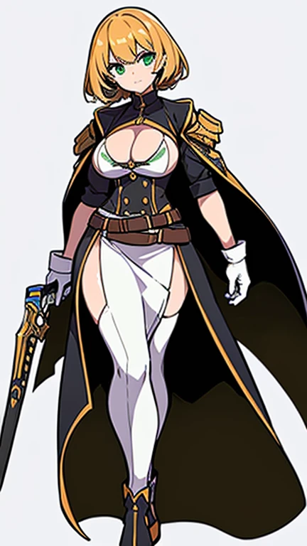 (((Best Quality))) , ((full body)), female, reference sheet, solo, (white background), holding weapon, gloves, trench skirt, belt, standing, bikini, side slit skirt, gloves, blue, orange, green, violet, brown, white,