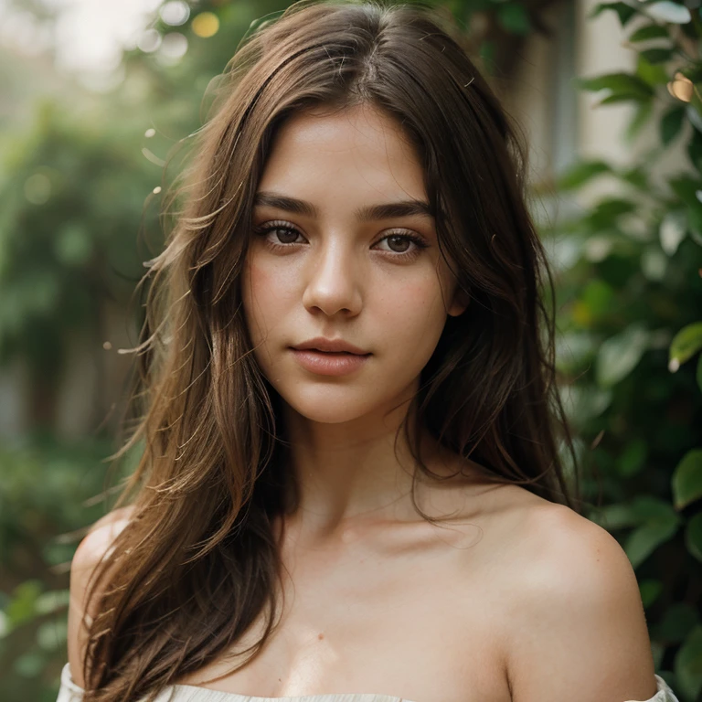 film portrait photography, 1girl, bare shoulders, wavy shoulder-length hair, serene, calm, (realistic detailed eyes, natural skin texture, realistic face details), soft dramatic lighting, depth of field, bokeh, vibrant details, finely detailed, hyperrealistic, 35mm film, hazy blur, filmg,