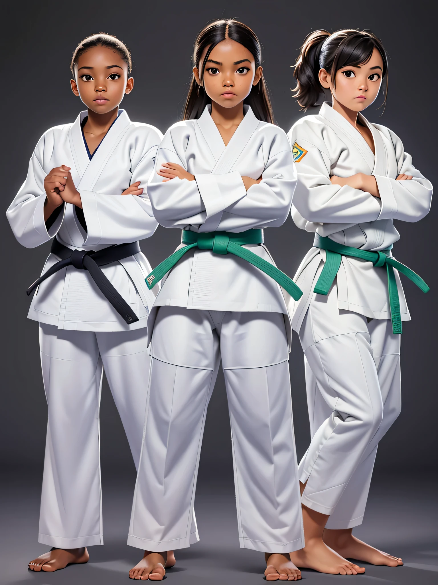 (8k, foto crua, qualidade de obra-prima: 1.2), there are three african girls, dark skin in a judo pose, ((vestindo um judogi branco)) ((judogi branco com mangas compridas)), judo, judo pose , Artes marciais, children, ((cinto Verde)) principiante, postura de luta, Artes marciais, classification, competition winner, postura de luta, pose de arte marcial, in a dojo (tiro de corpo inteiro: 1) posando para fotografia , postura firme (tiro de corpo inteiro: 1).
