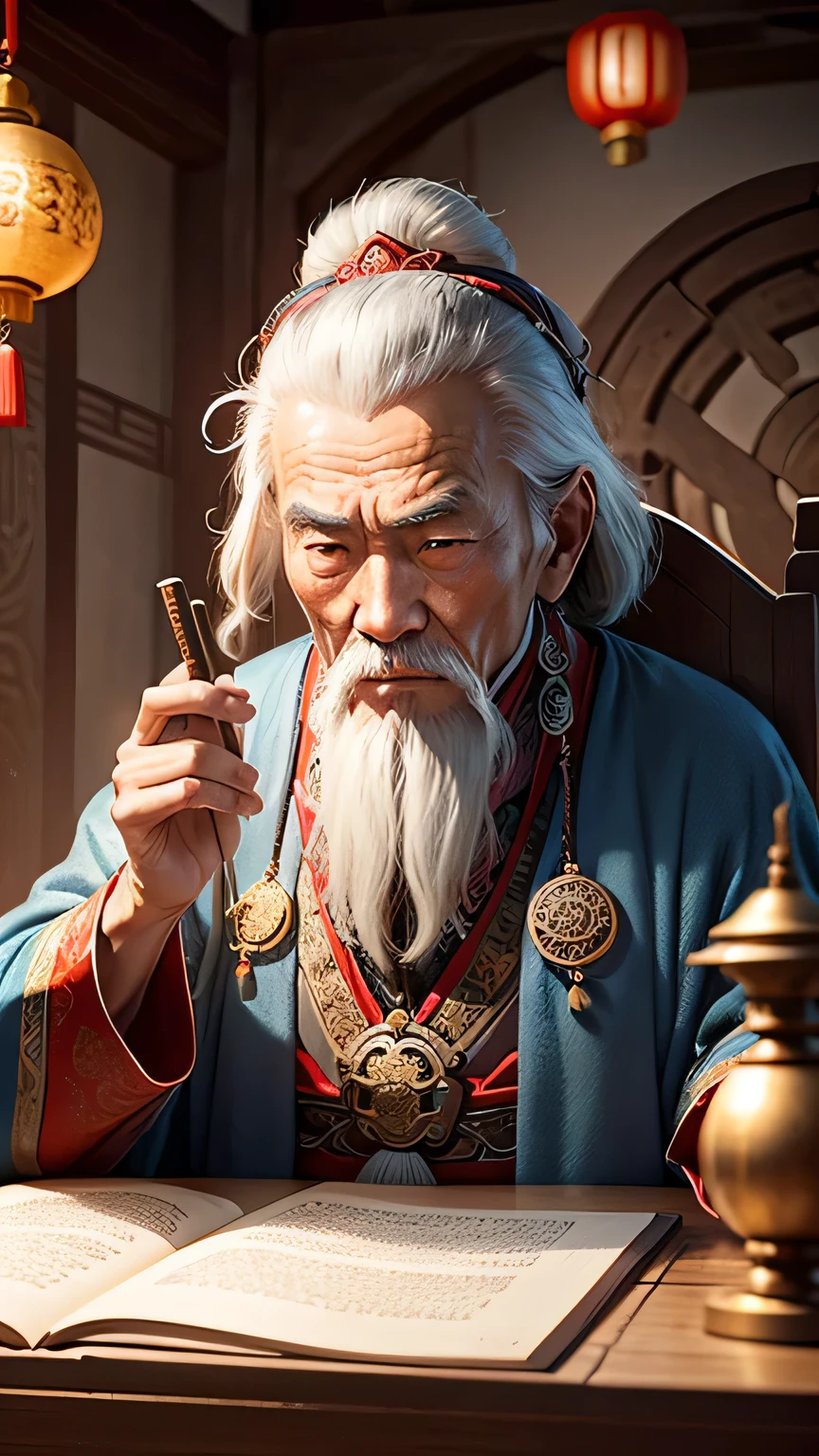 Create an image of an ancient Chinese emperor old man in your royal chamber, surrounded by alchemical equipment and manuscripts.