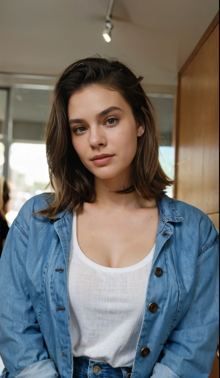 Buetifull girl from the 90s, 90s styled womens hair, wearing jean jacket, wearing jeans, yountg, 90s styled hair, close up of face, highschool yearbook photo, strong jaw line, dimples, hair parted to the side, shag haircut, curvy body, plump ass, medium sized breasts, looking straight foward at camera,