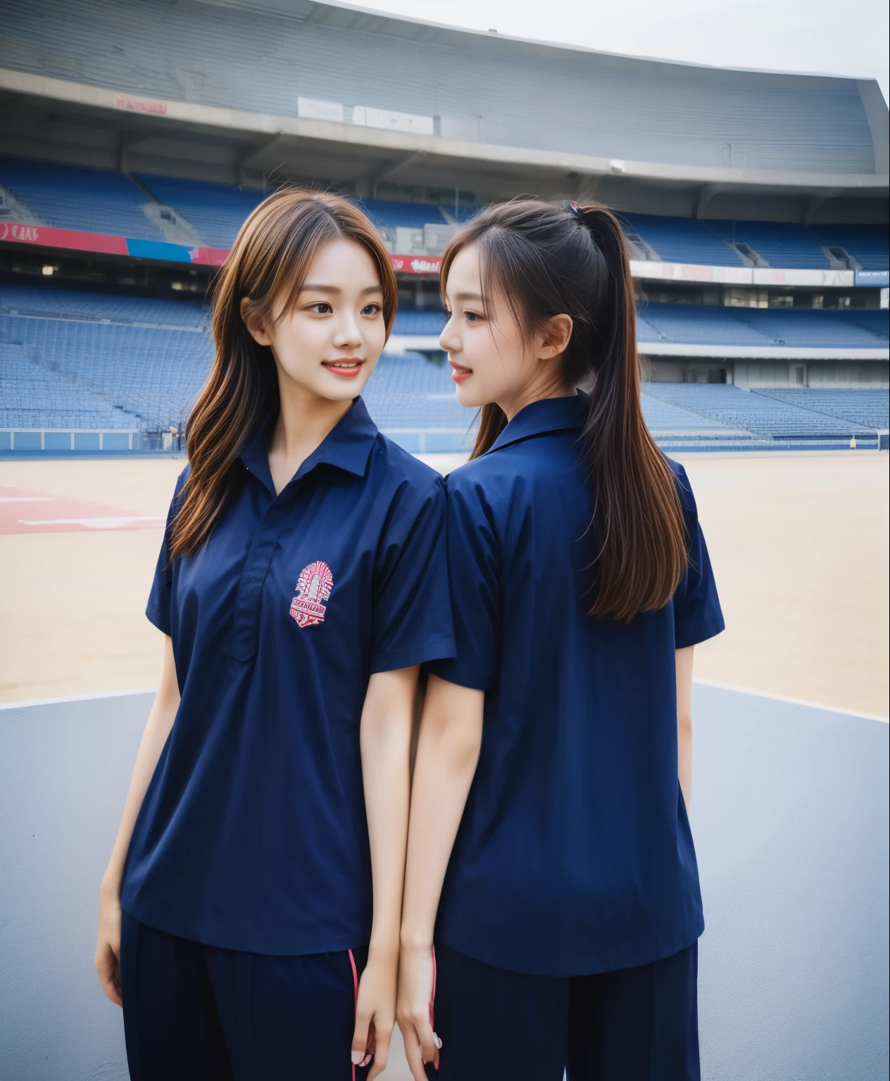 (best quality,10,10,height,Masterpiece:1.2),Special details,(realistic,ภาพrealistic,Realistic photos:1.37),1 cute girl on the football field,shiny skin,only,smile softly,BDclothelue shirt:1.3)),short sleeve,shirt, trousers.,(navy_long_ติดตามtrousers:1.1), ((stadium background:1.3)),Dynamic angle,excited,Face focus,dynamic poses,from behind,focus ass,Masterpiece, best quality, ultra realistic, hyper detail, 8k resolution, raw photos, Sharp focus, ((Navy blue shirt:1.1)), short sleeve, เส้นทางlong, perfect bodyแบบ, 2 mature women, 18 yo, Cinema-grade lighting,trousersวอร์มสีน้ําเงิน,gym wear,correct anatomy,perfect body, correct body, sharp face, correct bodyทางกายวิภาค, full body, realistic gestures, long-haired, realistic poses,Wear long shorts..............................,ช่วงขาlong,fit,sculpted girl, Slender figure, mannequin, fit, beautiful body,trousersวอร์มสีน้ําเงิน, two girls kissing