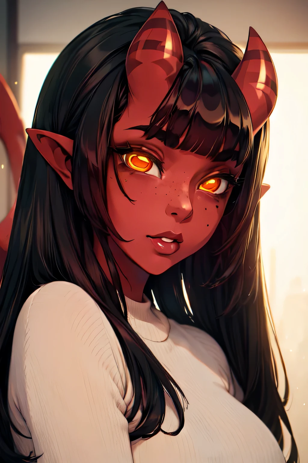 (masterpiece, best quality), 1girl, beautiful face, beautiful body,  meruccubus, red oni, colored skin, red skin, pointy ears, long hair, mole, oni, blunt bangs