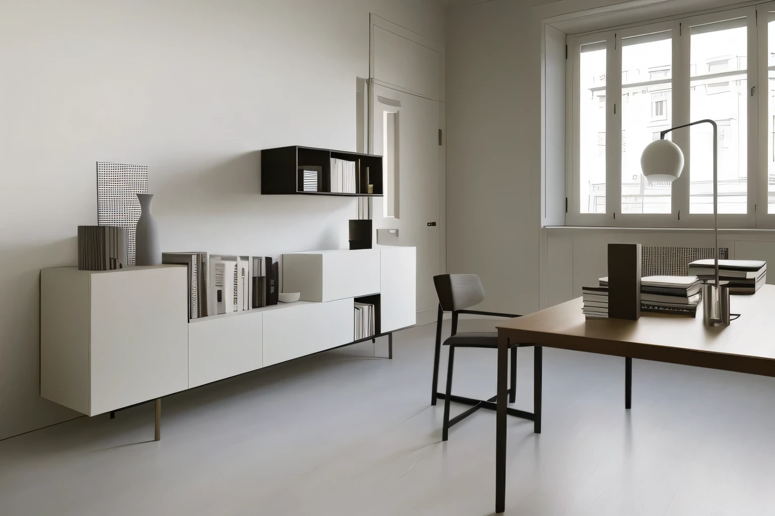 There is a table in the room、Chairs and bookshelf furniture, elegant minimalism, minimalist home office, exhibit&Quote;, Very , designer furniture, modern gallery furniture, Such a design, minimalist design, minimally modern, grain”, ocher, Furniture design, Headquarters&Quote;, and clean, modern and , elegant study room, design, cabinet furniture