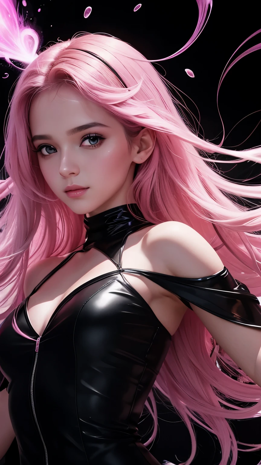 closeup, 1 girl, alone, [dark blue and pink hair: blue and pink hair:0.2], cyberpunk, high tech, V, mechanical parts, looking at audience, black eyes, long hair, luminous laser female super tech jumpsuit, cyberpunk mechanical body parts, with tattoos, interior, luminous laser earrings. high contrast, night, black, [freckles:0.9], reflective transparent rainbow, long hair, breasts, white skin most beautiful Korean woman's face, seductive expression, (relaxed pose: 1.5), eva, complex background, Sony a6300, extremely beautiful and gorgeous anime illustration, with cinematic perspective，(relaxed pose: 1. 5), eva, complex background, Sony a6300, extremely beautiful and gorgeous anime illustration with a cinematic perspective.