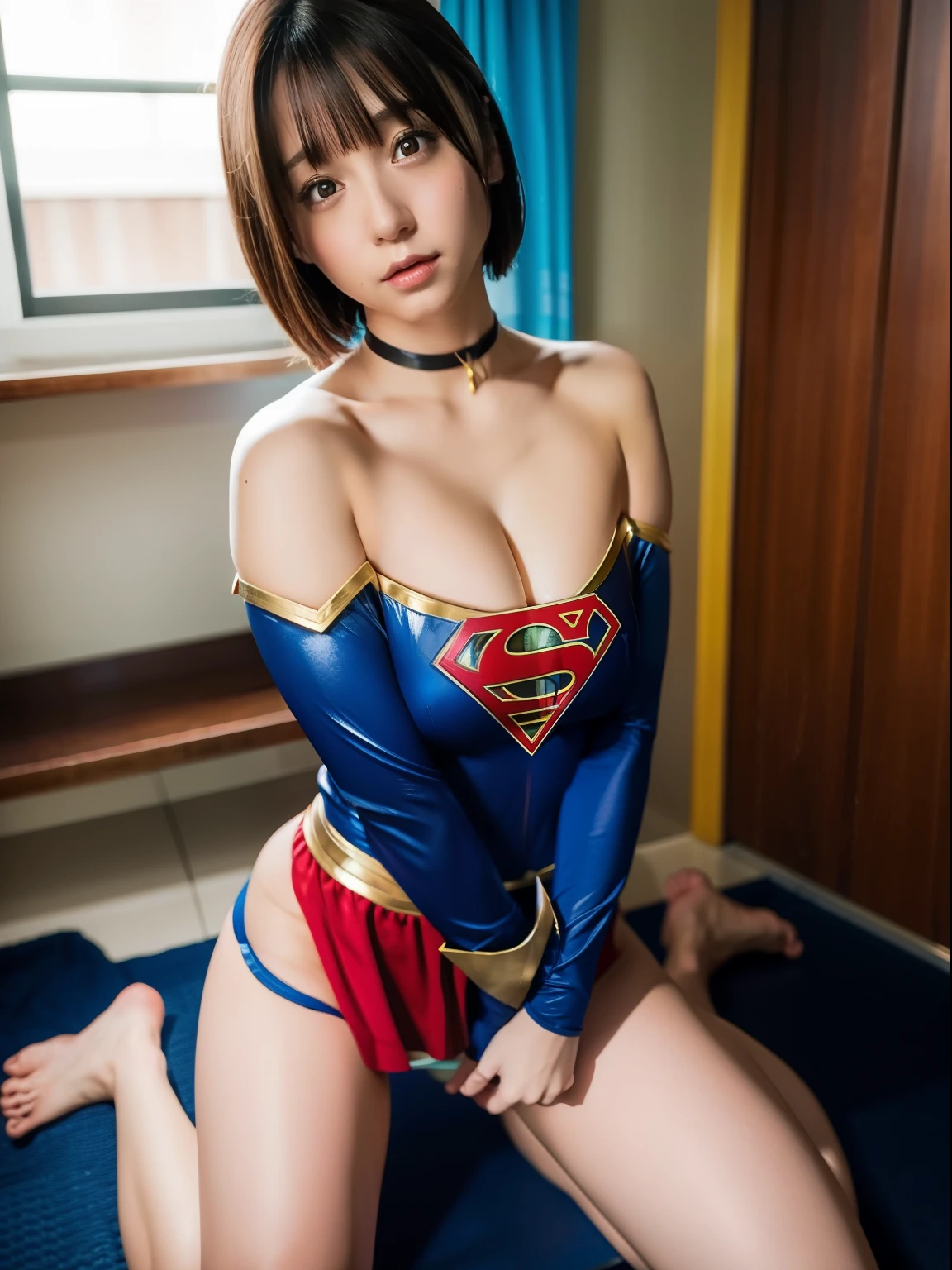 masterpiece,Supergirl Costume, short hair, barefoot, big breasts,laboratory、operating table、straddle、depraved、shiny、Looking at the camera、Seduce、choker、long sleeve、short red miniskirt、Navel exposed、abs