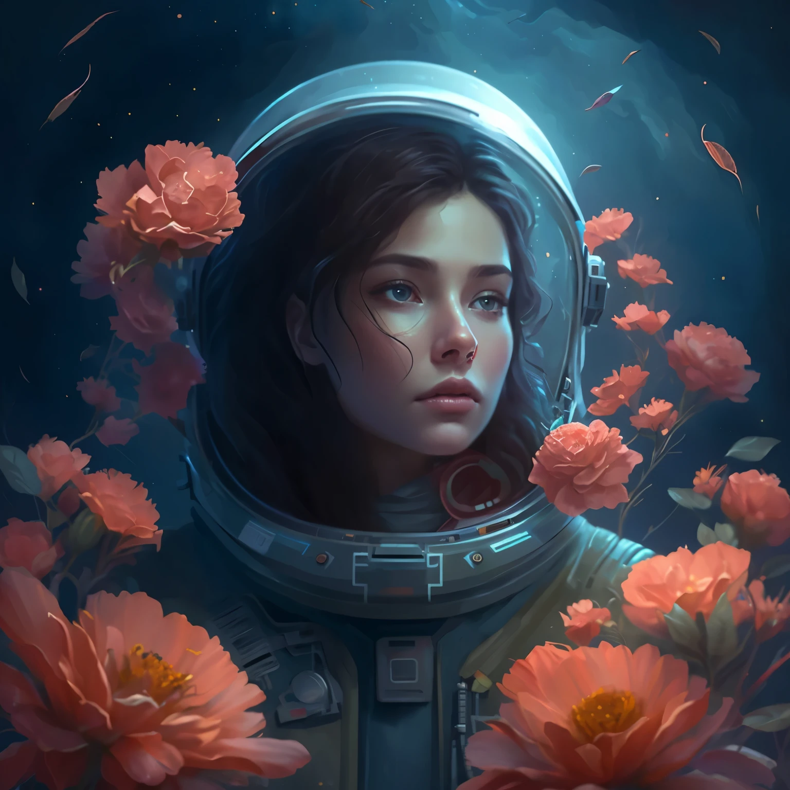 painting of a woman in a space suit surrounded by flowers, wojtek fus, sci-fi digital art illustration, stefan koidl inspired, yuri shwedoff and tom bagshaw, portrait armored astronaut girl, jen bartel, ross tran 8 k, stunning digital illustration, beautiful sci fi art, artgerm and atey ghailan, sci-fi illustrations