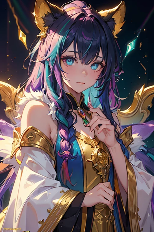(fantasy sister, robe with gold decoration)(colorful stained glass, volumetric lighting backlighting good lighting, colorful refraction)depth of field(highly detailed beautiful face and eyes)perfect anatomy(furry beastman)(fur covered body animal facial features animal body features)(animal muzzle highly detailed fur)