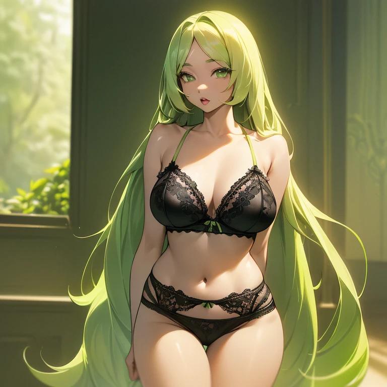 (((Light Skin Woman))),(((Light green, long hair without bangs))),(((voluminous and curvy body))),(((Lime green eyes))),(((Alone))),(((Wearing black lace lingerie)))
