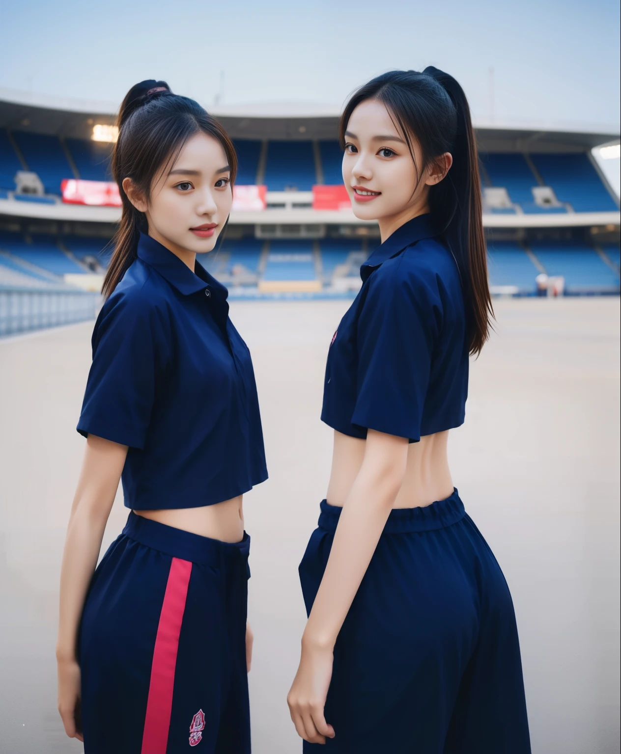 (best quality,10,10,height,Masterpiece:1.2),Special details,(realistic,ภาพrealistic,Realistic photos:1.37),1 cute girl on the football field,shiny skin,only,smile softly,BDclothelue shirt:1.3)),short sleeve,shirt, trousers.,(navy_long_ติดตามtrousers:1.1), ((stadium background:1.3)),Dynamic angle,excited,Face focus,dynamic poses,from behind,focus ass,Masterpiece, best quality, ultra realistic, hyper detail, 8k resolution, raw photos, Sharp focus, ((Navy blue shirt:1.1)), short sleeve, เส้นทางlong, perfect bodyแบบ, 2 mature women, 18 yo, Cinema-grade lighting,trousersวอร์มสีน้ําเงิน,gym wear,correct anatomy,perfect body, correct body, sharp face, correct bodyทางกายวิภาค, full body, realistic gestures, long-haired, realistic poses,Wear long shorts..............................,ช่วงขาlong,fit,sculpted girl, Slender figure, mannequin, fit, beautiful body,trousersวอร์มสีน้ําเงิน, two girls kissing