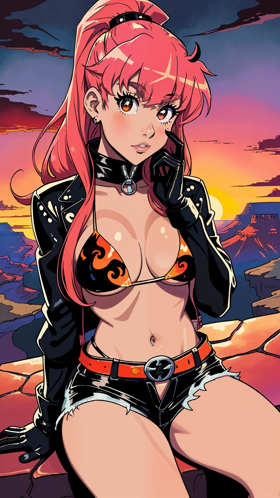 Ariana Grande from tenguen toppa gurren laggan, cute. bikini top with flames print under leather jacket, black leather shorts,, gloves, sitting, looking at the viewer, background: grand canyon, beautiful sunset