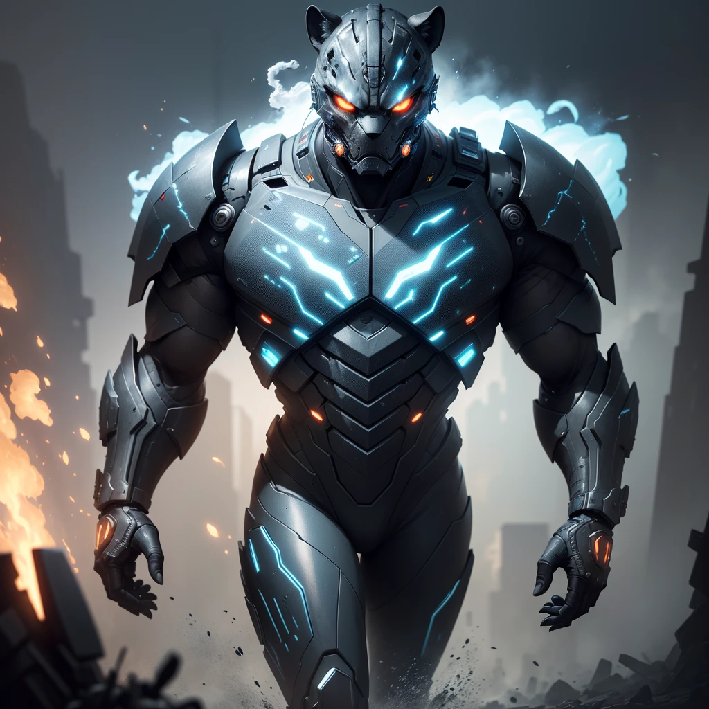 (best quality,4k,8k,highres,masterpiece:1.2),ultra-detailed,realistic:1.37,hybrid,detailed leopard head,soldier body armor,futuristic battle,man body,strong,muscular,battle damage,technological enhancements,aggressive posture,dark background,red glowing eyes,sharp claws,leopard print camouflage,powerful stance,metallic textures,advanced weaponry,cybernetic enhancements,high-tech gadgets,grim and intense,explosions in the background,smoke and dust particles swirling,heavy rain pouring,electricity crackling,blueish color palette,ambient lighting.