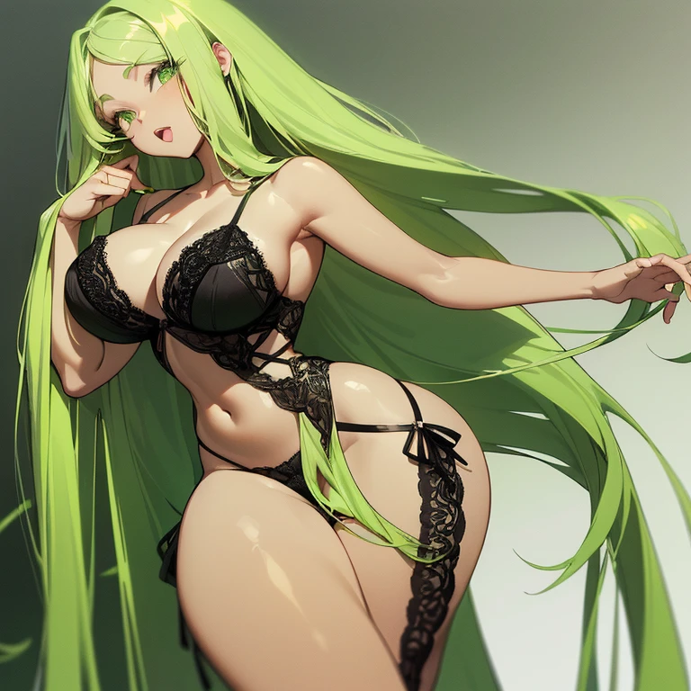 (((Light Skin Woman))),(((Light green, long hair without bangs))),(((voluminous and curvy body))),(((Lime green eyes))),(((Alone))),(((Wearing black lace lingerie)))