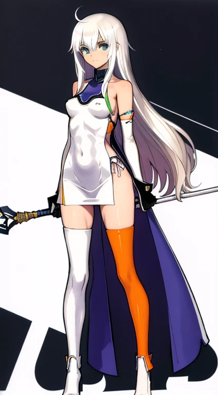 (((Best Quality))) , ((full body)), female, character design, solo, (white background), holding staff, gloves, thigh high, side slit trench skirt, blue, orange, green, violet, brown, white, colorful outfit, bare arms, bare waist, standing, backless casual dress, bikini, side slit skirt, gloves, bare shoulder,